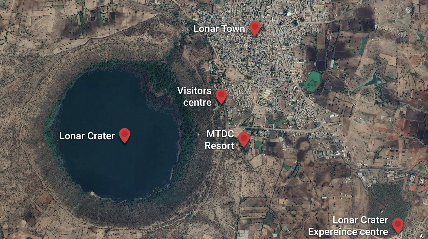 Google Earth map of Lonar crater marked with the town, visitors centre, existing MTDC resort and upcoming Lonar Crater Experience centre, which will host the museum and the proposed installations. 